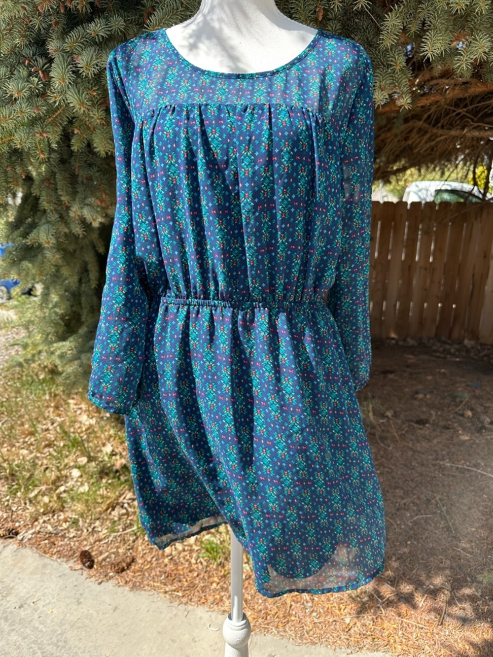 Women’s Teal Floral Midi Dress - Classic Long Sleeve